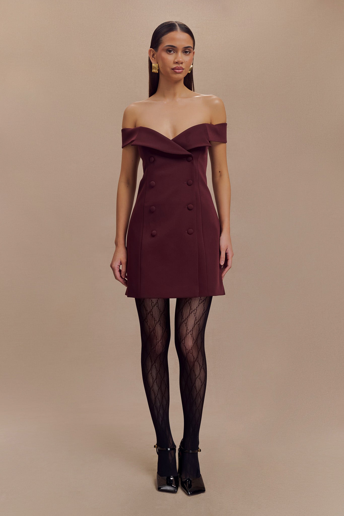 Noelle Off Shoulder Suiting Mini Dress - Mahogany