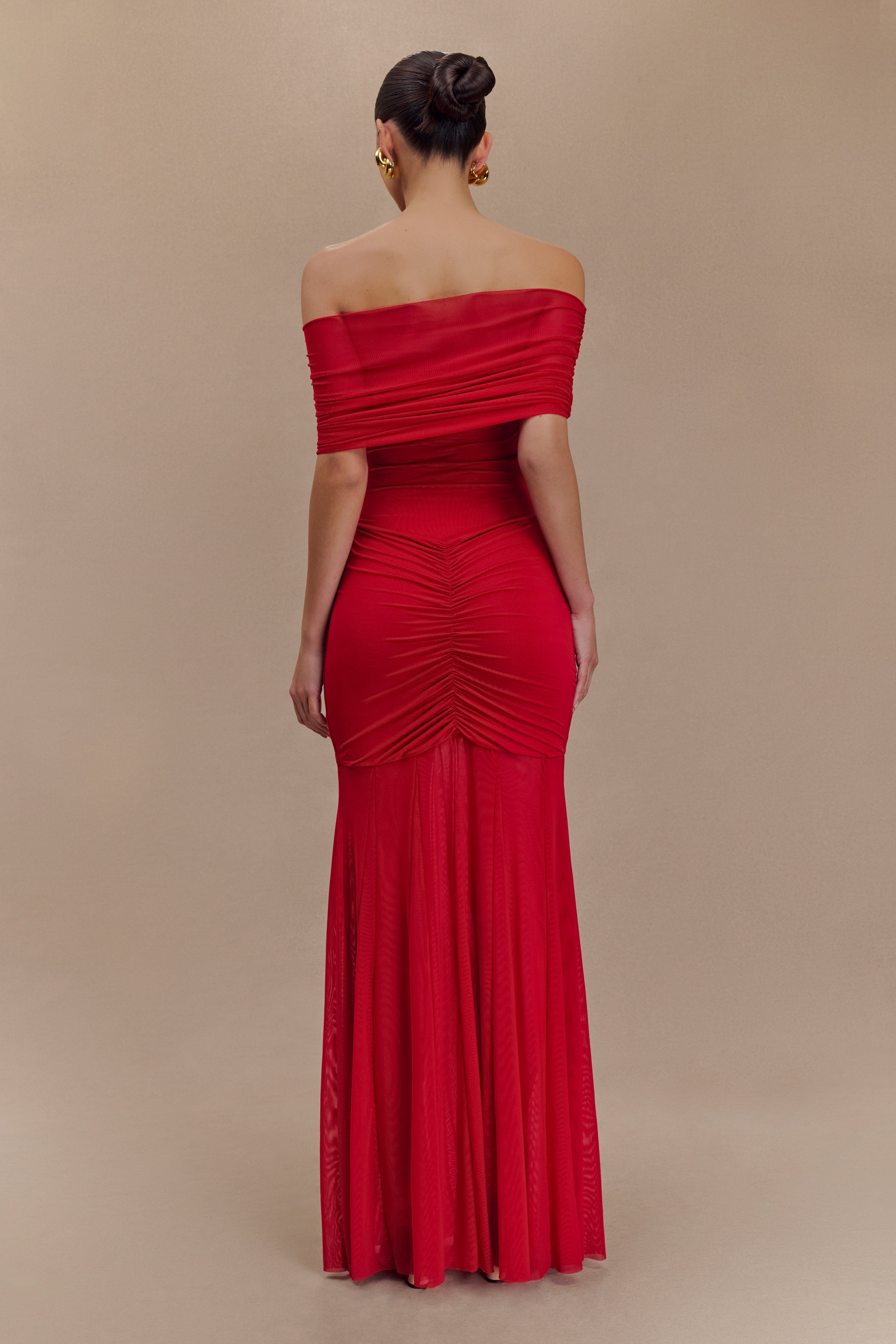 Caspian Slinky And Mesh Off Shoulder Maxi Dress - Ruby