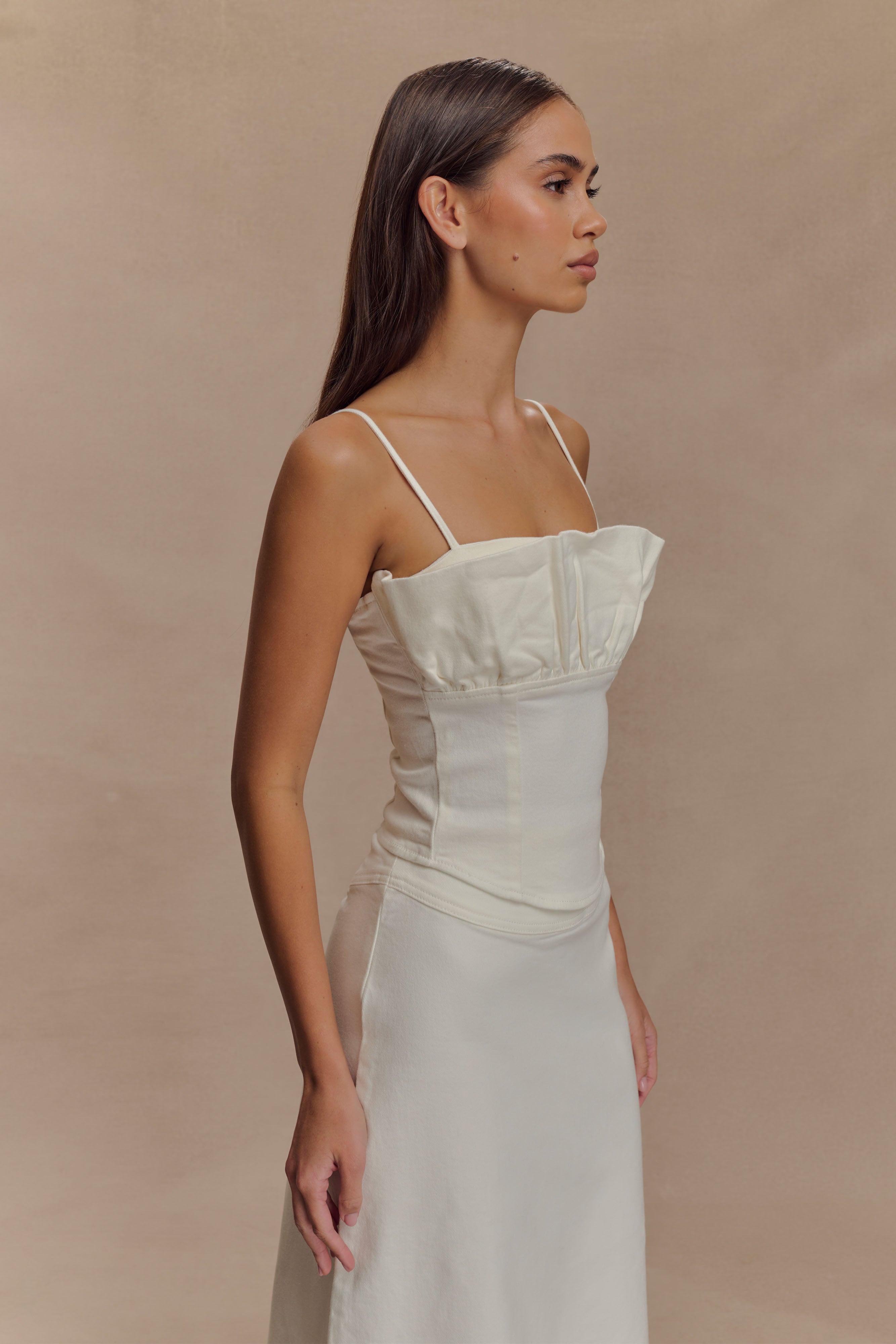 Cecilia Denim Frill Corset - White