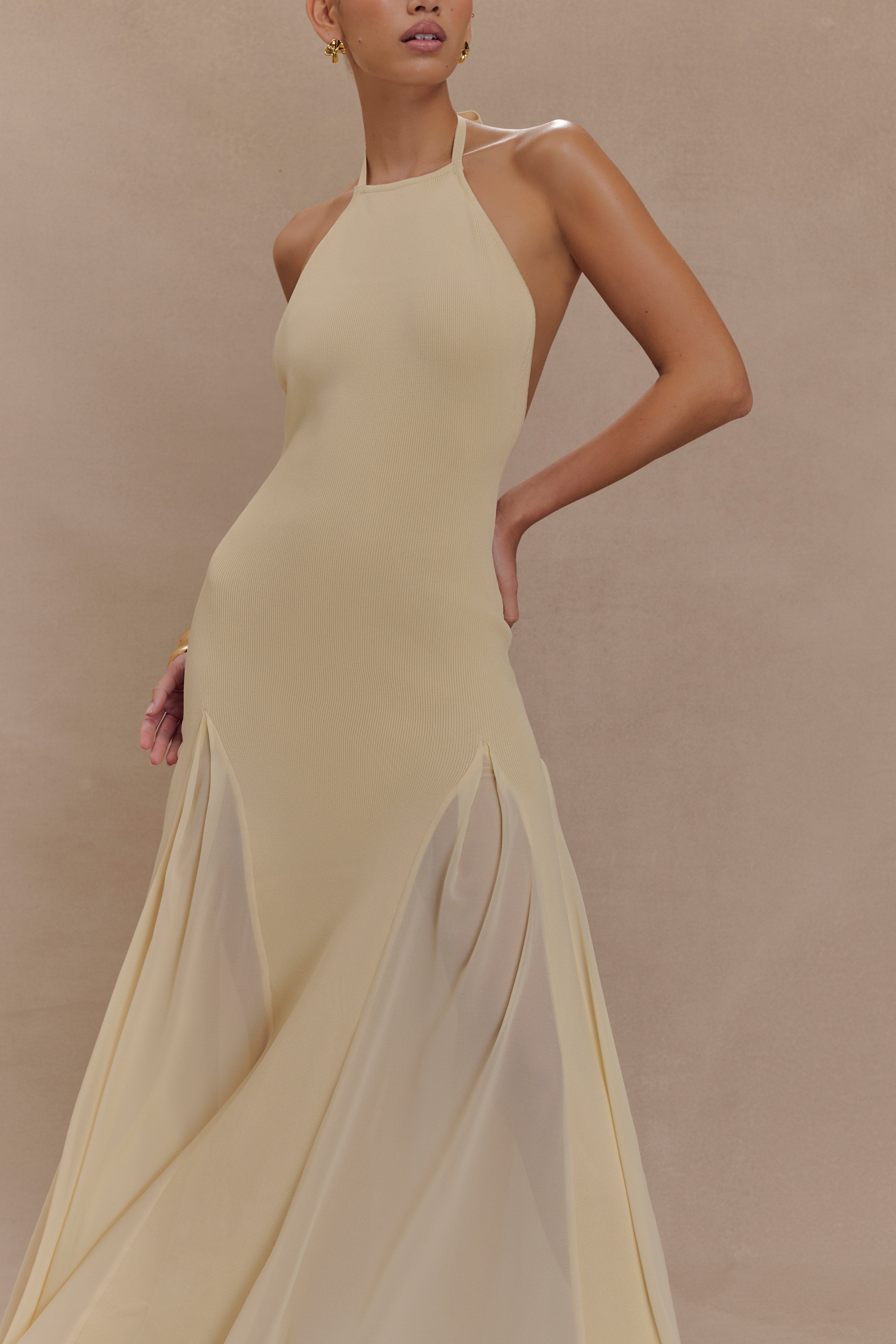 Soleil Knit And Mesh Halter Maxi Dress - Cream