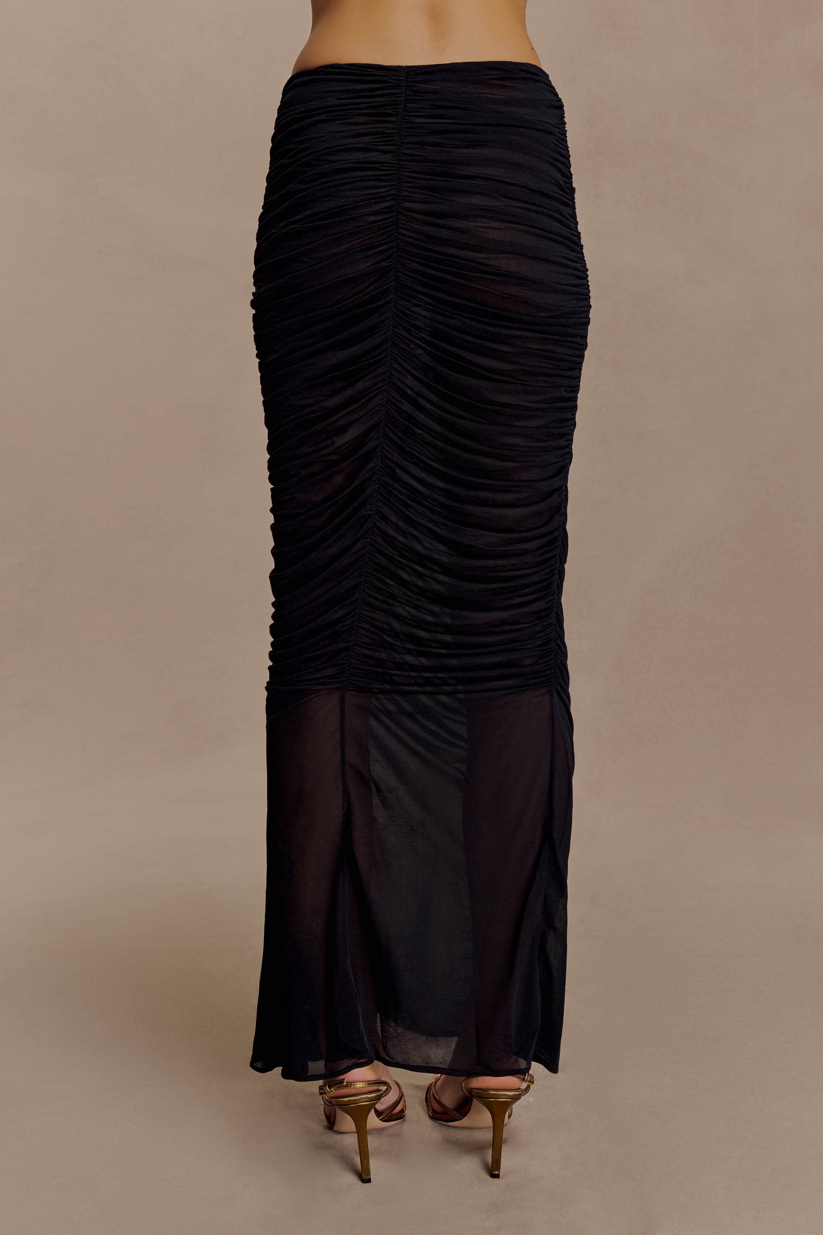 Matilda Ruched Mesh Maxi Skirt - Black