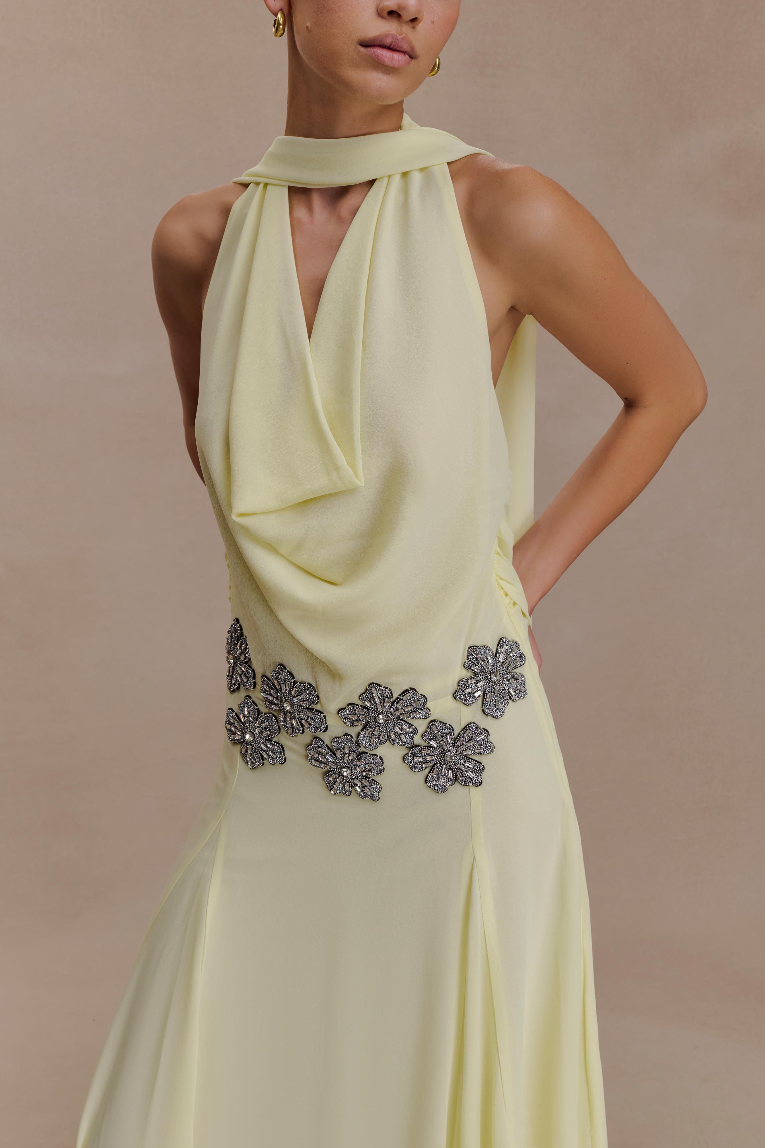 Santal Floral Chiffon Halter Maxi Dress - Lemon