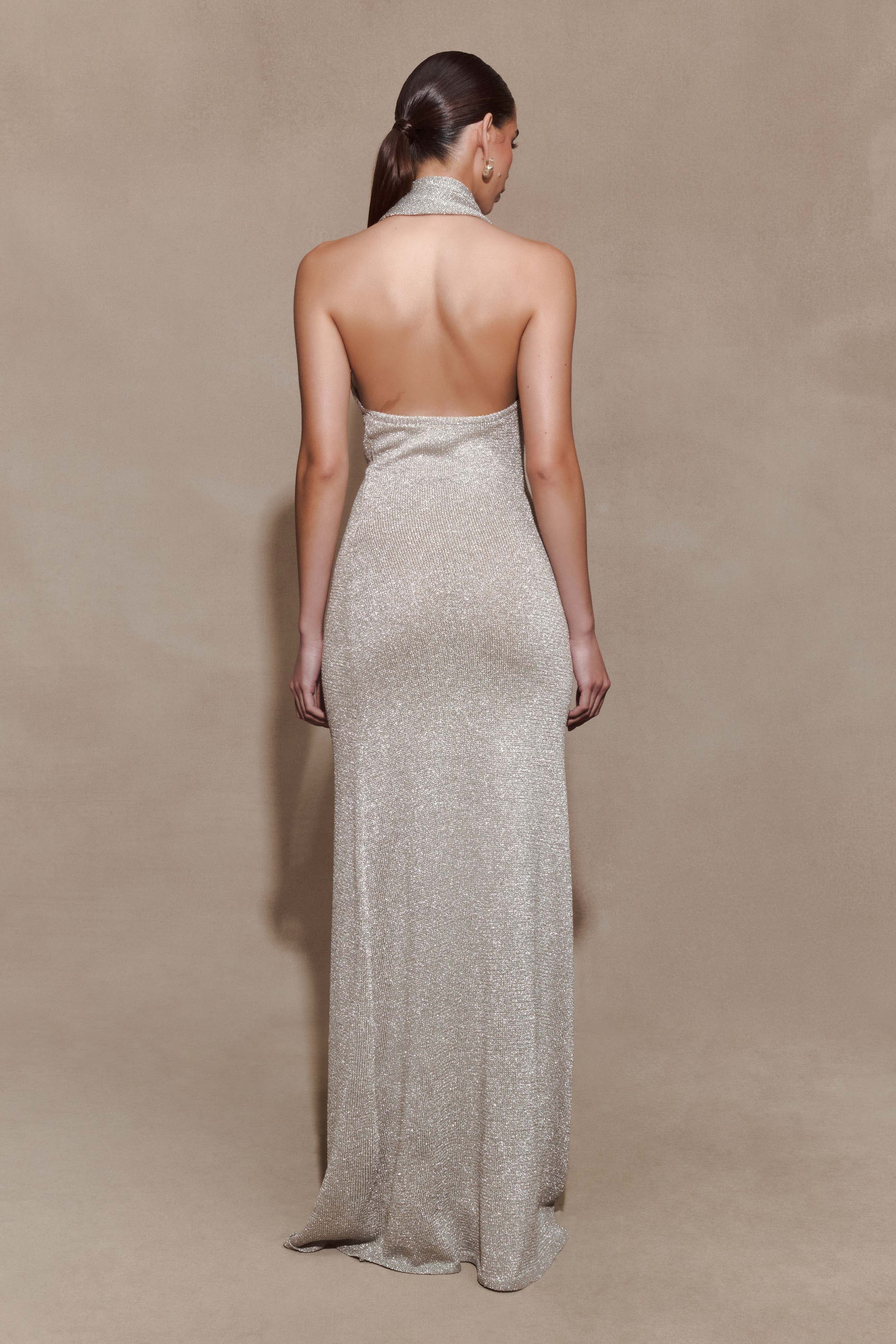 Elma Lurex Knit Halter Maxi Dress - Silver