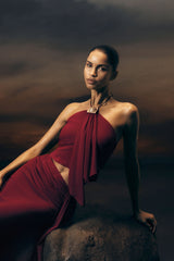 Celina Chiffon Halter Top With Hardware - Cherry Red